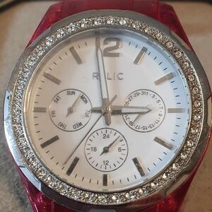 Relic ZR15584 Silver/Pink Rhinestone Day /Date Women's Watch
